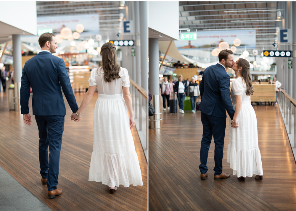 Hemligt bröllop på Arlanda brudpar gående vid Sky city