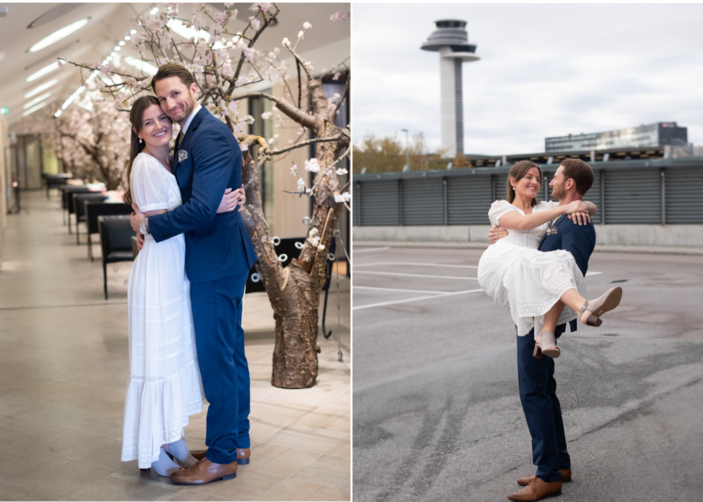 Nygift brudpar i Arlanda VIP-rum efter en hemlig vigsel